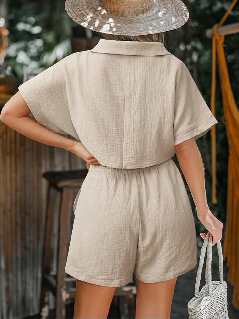 nwt CUPSHE 100% Cotton Drawstring Plunging V-Neck Romper in Neutral - XL - Picture 3 of 13